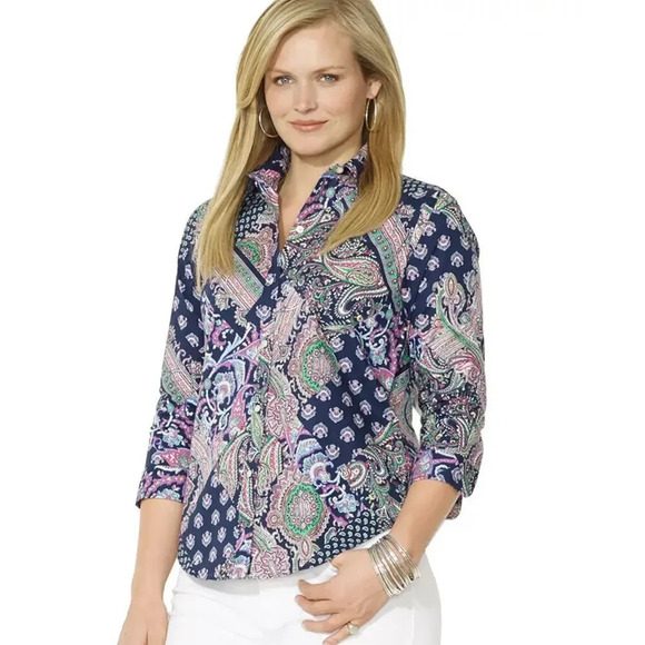 Lauren Ralph Lauren‎ Women's Size Medium Paisley Patchwork Button-Up Blouse - Picture 1 of 7